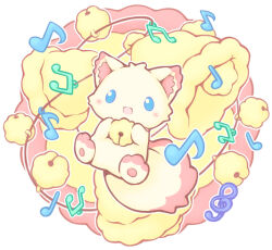 Rule 34 | :d, aikei ake, animal, animal ear fluff, beamed eighth notes, bell, blue eyes, blush stickers, brown background, cat, eighth note, highres, jingle bell, musical note, neck bell, no humans, open mouth, original, quarter note, smile, treble clef, two-tone background, white background, yuru-chara