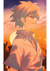 Rule 34 | 1boy, collared shirt, evening, hungry clicker, male focus, nagisa kaworu, neon genesis evangelion, outdoors, partially unbuttoned, red eyes, shirt, short hair, short sleeves, sky, smile, solo, sun, upper body, white hair, white shirt