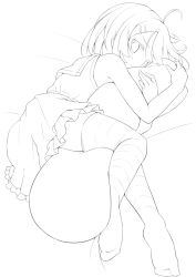 Rule 34 | 1girl, ahoge, bare arms, bare shoulders, blush, dakimakura (medium), greyscale, hair ornament, hairclip, hugging object, inaba kotori, kinta (distortion), lineart, looking at viewer, lying, monochrome, on side, original, pillow, pillow hug, short hair, skirt, sleeveless, solo, striped clothes, striped thighhighs, thighhighs
