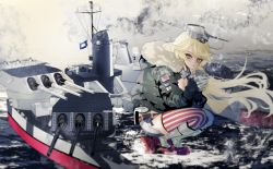 Rule 34 | 16-inch/50-caliber mark 7 gun, 1girl, :o, american flag legwear, anno88888, artillery, belt, blonde hair, blue eyes, blush, breasts, cleavage, cup, disposable cup, fur-trimmed jacket, fur trim, gloves, headgear, highres, holding, holding cup, iowa (kancolle), jacket, kantai collection, long hair, long sleeves, naval artillery, naval gun, open mouth, outdoors, rigging, rudder footwear, skirt, smoke, solo, squatting, star-shaped pupils, star (symbol), steam, symbol-shaped pupils, thighhighs, turret, water, yellow pupils