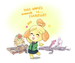 Rule 34 | 1girl, 2boys, :3, alien, animal crossing, animal ears, arm up, athenawyrm, blonde hair, blue skirt, bowser, bruise, character name, closed eyes, creatures (company), cropped legs, dark-skinned male, dark skin, defeat, dog ears, dog girl, dog tail, english text, flower, full body, game freak, ganondorf, gen 1 pokemon, green vest, hair tie, happy, image sample, injury, isabelle (animal crossing), kneeling, legendary pokemon, lying, mario (series), metroid, mewtwo, multiple boys, neck ribbon, nintendo, on back, on stomach, open mouth, pink flower, pokemon, pokemon (creature), red hair, red ribbon, ribbon, ridley, shirt, short hair, short sleeves, simple background, sitting, skirt, smile, solo focus, standing, standing on one leg, super mario bros. 1, super smash bros., tail, teeth, text focus, the legend of zelda, the legend of zelda: ocarina of time, topknot, torn clothes, trembling, tumblr sample, vest, white background, white flower, white shirt, yellow flower
