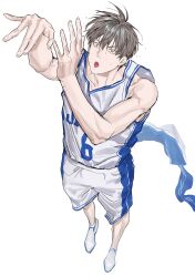 Rule 34 | 1boy, absurdres, basketball jersey, basketball uniform, brown hair, chamuring, flying sweatdrops, full body, garbage time, highres, jacket, jumping, ki sangho, male focus, open mouth, short hair, shorts, solo, sportswear, sweat, tank top, toned, toned male, unworn jacket, white background, white shorts, white tank top