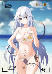 Rule 34 | 1girl, absurdres, barcode, bare arms, bare shoulders, battery indicator, beach, bikini, blurry, blush, breasts, chain, chinese commentary, cleavage, closed mouth, cloud, collarbone, cowboy shot, grey eyes, grey hair, hair between eyes, hand on own hip, highres, large breasts, long hair, mecha musume, midriff, navel, original, outdoors, paheide guang, plug, recording, shadow, shiny skin, side-tie bikini bottom, sidelocks, smile, solo, standing, swimsuit, tail, thigh gap, thigh strap, v-shaped eyebrows, volume symbol, w, white bikini, wide hips