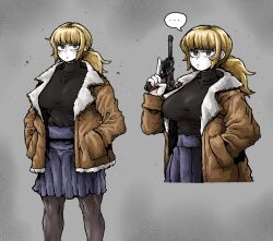 Rule 34 | ..., 1girl, black pantyhose, black sweater, blonde hair, blue skirt, breasts, brown coat, closed mouth, coat, fear &amp; hunger 2: termina, grey background, grey eyes, gun, handgun, hands in pockets, highres, holding, holding gun, holding weapon, karin (fear &amp; hunger), large breasts, long hair, long sleeves, looking at viewer, multiple views, octosoup, open clothes, open coat, pantyhose, pleated skirt, ponytail, skirt, spoken ellipsis, sweater, turtleneck, turtleneck sweater, weapon