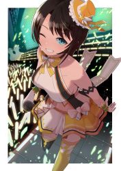 Rule 34 | 1girl, absurdres, bare shoulders, black thighhighs, blush, breasts, brown hair, collarbone, gloves, glowstick, green eyes, grin, highres, holding, holding microphone, hololive, looking at viewer, medium breasts, microphone, one eye closed, oozora subaru, parted lips, punikiman, short hair, sideboob, smile, solo, subaru duck, teeth, thighhighs, virtual youtuber, white gloves