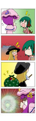 Rule 34 | 3girls, 4koma, :d, absurdres, anger vein, angry, animal ears, bag, black dress, blonde hair, book, hugging book, broom, broom riding, capelet, chibi, clenched teeth, comic, dress, faceplant, flying sweatdrops, green hair, happy, hat, highres, holding, holding book, hole, kasodani kyouko, kirisame marisa, long sleeves, looking at another, mob cap, multiple girls, hugging object, open mouth, patchouli knowledge, purple hair, rakugaki-biyori, sack, shaded face, silent comic, smile, tail, tail wagging, teeth, touhou, wall, witch hat