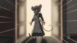Rule 34 | 1990s (style), 1girl, alternate costume, animal ear fluff, animal ears, apron, arms at sides, black dress, bow, collared dress, commentary, dress, english commentary, enmaided, film grain, full body, grey hair, hat, highres, long dress, looking at viewer, maid, maid apron, maid day, mob cap, mouse (animal), mouse ears, mouse tail, nazrin, open door, retro artstyle, short hair, sleeve cuffs, solo, sparkle, step arts, tail, teeth, touhou, waist bow, white bow, wrist cuffs
