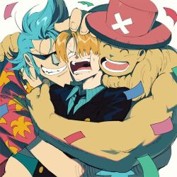 3boys angry antlers arm_hair blonde_hair blue_hair curly_eyebrows facial_hair formal franky_(one_piece) grin hat hawaiian_shirt headpat horns hug looking_at_another male_focus multiple_boys muscular muscular_male one_piece open_clothes open_shirt pinstripe_pattern pinstripe_shirt pompadour print_shirt reindeer_antlers reindeer_boy runa_(nori31291404) sanji_(one_piece) shirt sideburns smile suit sunglasses tony_tony_chopper