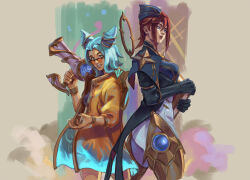 Rule 34 | 2girls, absurdres, armored boots, black gloves, blue hair, book, boots, brown background, camille (league of legends), cowboy shot, elaimart, from side, gem, gloves, grin, gun, hair horns, hair ornament, hand up, highres, holding, holding gun, holding weapon, jacket, league of legends, long sleeves, medium hair, multicolored clothes, multicolored jacket, multiple girls, nail polish, ocean song zeri, official alternate costume, orange-tinted eyewear, red hair, smile, standing, sunglasses, teeth, tinted eyewear, weapon, zeri (league of legends)