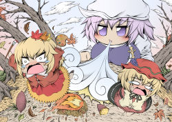 Rule 34 | 3girls, aki minoriko, aki shizuha, autumn leaves, barefoot, blonde hair, blowing, blue sky, blush, branch, breasts, brooch, buttons, campfire, crying, crying with eyes open, day, dress, fire, food, frilled dress, frills, fruit hat ornament, giant, giantess, grape hat ornament, grass, hair ornament, hat, hidefu kitayan, highres, jewelry, large breasts, leaf hair ornament, letty whiterock, long sleeves, medium breasts, mob cap, multiple girls, orange eyes, orange shirt, orange skirt, outstretched arms, paintbrush, palette (object), purple eyes, purple hair, scared, shirt, short hair, siblings, sisters, skirt, sky, solid oval eyes, sweat, nervous sweating, sweet potato, tears, touhou, tree, twig, white headwear, wing collar, yellow shirt