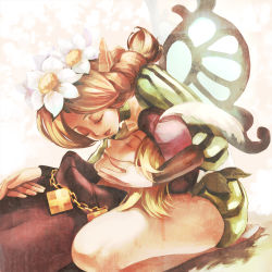 Rule 34 | 1boy, 1girl, blonde hair, braid, chain, closed eyes, fairy, flower, hair flower, hair ornament, hand on another&#039;s face, hat, hat feather, ingway (odin sphere), lap pillow, lying, mercedes (odin sphere), odin sphere, pointy ears, puff and slash sleeves, puffy shorts, puffy sleeves, shorts, tamachi kuwa, wings