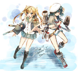 Rule 34 | &gt;:o, 10s, 2girls, :o, abukuma (kancolle), armor, bad id, bad pixiv id, blonde hair, blue eyes, blush, boots, dated, eyepatch, flat cap, full body, hand on own head, hat, highres, kantai collection, kiso (kancolle), knee boots, machinery, multiple girls, necktie, outstretched arm, outstretched hand, pauldrons, pleated skirt, sailor, sailor collar, school uniform, serafuku, shoulder armor, signature, skirt, turret, twintails, v-shaped eyebrows, yuihira asu