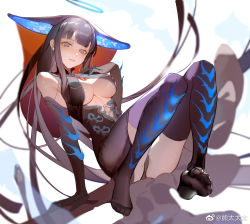 Rule 34 | 1girl, black gloves, black hair, black panties, black thighhighs, blue eyes, blunt bangs, blurry, breasts, cleavage, depth of field, elbow gloves, fate/grand order, fate (series), full body, gloves, halo, hand on own chest, headgear, highres, kumatangent, large breasts, long hair, panties, parted lips, sitting, solo, thighhighs, underboob, underwear, very long hair, weibo watermark, yang guifei (fate), yang guifei (third ascension) (fate)