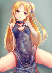 Rule 34 | 1girl, absurdres, arm behind back, arm support, azur lane, bare shoulders, blonde hair, breasts, cameltoe, china dress, chinese clothes, cleavage, cleavage cutout, cleveland (azur lane), clothing cutout, covered navel, dress, elbow gloves, gloves, hair ornament, halterneck, hand on own chest, head tilt, highres, kirimori toya, leaning back, long hair, looking at viewer, parted bangs, purple dress, red eyes, side ponytail, side slit, sitting, sleeveless, small breasts, tight clothes, tight dress, wariza, white gloves