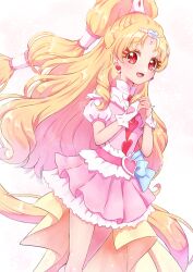 Rule 34 | 1girl, :d, absurdres, bare legs, belt, blonde hair, cowboy shot, cure tomorrow, dot nose, dress, earrings, hair ornament, half updo, heart, heart earrings, heart hair ornament, high ponytail, highres, hug-tan (precure), hugtto! precure, jewelry, legs together, long hair, looking at viewer, magical girl, multi-tied hair, open mouth, own hands clasped, own hands together, pink background, pink dress, pink theme, precure, puffy sleeves, red eyes, rii (rii0 02), short dress, smile, solo, standing, thick eyelashes, three quarter view, very long hair, white wrist cuffs, wrist cuffs