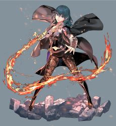 Rule 34 | 1girl, armor, black coat, black shorts, blue eyes, blue hair, boots, breasts, brown pantyhose, bustier, byleth (female) (fire emblem), byleth (fire emblem), cape, closed mouth, coat, dagger, fire, fire emblem, fire emblem: three houses, full body, grey background, hair between eyes, high heel boots, high heels, holding, holding sword, holding weapon, knife, kurahana chinatsu, lace, lace-trimmed legwear, lace trim, looking at viewer, medium hair, navel, nintendo, official art, pantyhose, pantyhose under shorts, print pantyhose, shorts, solo, sword, sword of the creator, weapon, whip, whip sword