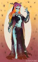 Rule 34 | 1girl, anklet, artist name, asymmetrical clothes, beads, blue skin, cape, colored sclera, colored skin, driftingbystars, eyeshadow, female focus, flower, forehead jewel, full body, hair flower, hair ornament, highres, jewelry, makeup, midna, midna (true), multicolored skin, navel, nintendo, orange hair, pelvic curtain, red eyes, signature, smile, solo, spoilers, tattoo, the legend of zelda, the legend of zelda: twilight princess, tiptoes, two-tone skin, veil, yellow sclera