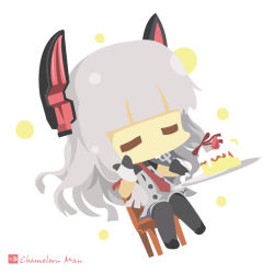 Rule 34 | 1girl, artist name, bad id, bad pixiv id, black pantyhose, cake, chair, chameleon man (three), closed eyes, food, fork, gloves, grey hair, hair ribbon, hand on own cheek, hand on own face, headgear, kantai collection, knees together feet apart, long hair, murakumo (kancolle), necktie, no lineart, pantyhose, remodel (kantai collection), ribbon, sitting, tress ribbon, white background