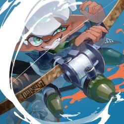 Rule 34 | 1boy, absurdres, aqua eyes, blue background, bow (weapon), commentary, dark-skinned male, dark skin, denim, eyelashes, highres, holding, holding bow (weapon), holding weapon, inkling, inkling boy, inkling player character, nintendo, paint, pointy ears, shiu dotcom, short hair, simple background, smile, solo, splatoon (series), splatoon 3, symbol-only commentary, teeth, tentacle hair, tri-stringer (splatoon), weapon, white hair