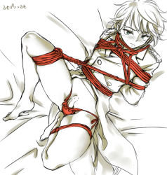 Rule 34 | 10s, 1boy, aldnoah.zero, arms behind back, ascot, bad id, bad pixiv id, bar censor, barefoot, bdsm, bed sheet, blue eyes, blush, bondage, bottomless, bound, buttons, censored, coat, epaulettes, erection, frogtie, frown, jacket, legs folded, long sleeves, looking away, lying, male focus, military jacket, monochrome, no pants, on back, panties, penis, penis in panties, point g, red panties, rope, short hair, side-tie panties, slaine troyard, small penis, solo, spot color, spread legs, underwear