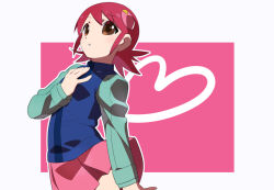 Rule 34 | 1girl, blue shirt, blue vest, brown hair, commentary request, hair ornament, hand on own chest, hand on own face, heart, kaidou zx, mayl sakurai (mega man), mega man (series), mega man battle network (series), pink background, pink skirt, red hair, shirt, simple background, skirt, solo, thighs, vest