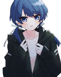 Rule 34 | 1girl, black jacket, blue eyes, blue hair, blush, collarbone, commentary request, dark blue hair, flat chest, hickey, highres, jacket, kanduki kamibukuro, light blush, link! like! love live!, long hair, long sleeves, looking to the side, love live!, low twintails, mole, mole on neck, murano sayaka, open clothes, open jacket, parted lips, partially unzipped, solo, twintails
