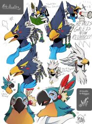 Rule 34 | 4boys, puff of air, anger vein, arijuno, beak, bird boy, black eyes, blue fur, blue hair, blue scarf, blush, blush stickers, body fur, book, braid, closed mouth, constricted pupils, english text, feather hair ornament, furry, furry male, green eyes, hair ornament, hair tie, hair tubes, happy, holding, holding book, holding megaphone, kass, light blush, link, looking at viewer, male focus, megaphone, multiple boys, multiple views, musical note, nervous, o o, open book, open mouth, portrait, quad tails, quill, revali, rito, scarf, short hair, shouting, smile, sparkle, speech bubble, spiked hair, straight-on, sweat, talking, teba (zelda), the legend of zelda, the legend of zelda: breath of the wild, tongue, two-tone fur, unamused, white eyes, white fur, white hair, writing, yellow eyes, yellow fur