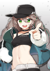 Rule 34 | 1girl, :d, arknights, bandeau, baseball cap, belt, black choker, black hat, blush, breasts, character name, choker, clothes writing, cuora (arknights), gradient background, green eyes, green hair, grey background, grey hair, groin, hair between eyes, hat, highres, jacket, long hair, long sleeves, looking at viewer, midriff, multicolored hair, navel, open clothes, open jacket, open mouth, pointing, pointing at viewer, small breasts, smile, solo, stomach, streaked hair, upper body, white belt, wo chi xiangjiao pi