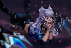 Rule 34 | 1girl, absurdres, black skirt, black thighhighs, bracelet, claws, cropped jacket, demon girl, earrings, evelynn (league of legends), garter straps, hands on own face, highres, jewelry, k/da (league of legends), league of legends, long hair, looking at viewer, makeup, open clothes, rainardaart, skirt, slit pupils, solo, spikes, the baddest evelynn, thighhighs, thighs, white hair, yellow eyes