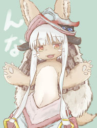 Rule 34 | 1other, :3, animal ears, bow, brown fur, catchphrase, commentary request, cowboy shot, ears through headwear, fangs, furry, green bow, grey hair, hands up, helmet, highres, horizontal pupils, looking at viewer, made in abyss, nanachi (made in abyss), natsukari na, open mouth, orange eyes, other focus, pants, puffy pants, short hair with long locks, simple background, solo, tail, teeth, topless, upper teeth only, whiskers