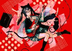 Rule 34 | 1girl, absurdres, animal ears, black hair, brown eyes, cat, cat ears, cat tail, glasses, guitar, highres, holding, instrument, k-on!, moriko06, nakano azusa, playing instrument, school uniform, skirt, socks, solo, tail, twintails