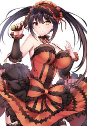 Rule 34 | 1girl, absurdres, bare shoulders, black hair, black thighhighs, blush, breasts, cleavage, clock eyes, cowboy shot, date a live, dress, garter straps, gun, hairband, heterochromia, highres, holding, holding gun, holding weapon, large breasts, lolita fashion, lolita hairband, long hair, looking at viewer, red eyes, ribbon, simple background, smile, solo, spaghetti strap, symbol-shaped pupils, thighhighs, tokisaki kurumi, twintails, weapon, white background, yellow eyes, zijiang