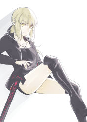Rule 34 | 1girl, absurdres, artoria pendragon (all), artoria pendragon (fate), black footwear, black jacket, black ribbon, black shirt, black shorts, blonde hair, boots, closed mouth, collarbone, excalibur morgan (fate), fate/stay night, fate (series), floating hair, hair between eyes, hair ribbon, hand on hilt, highres, hood, hood down, hooded jacket, invisible chair, jacket, jewelry, knee boots, long hair, looking at viewer, necklace, official alternate costume, open clothes, open jacket, ribbon, saber alter, saber alter (ver. shinjuku 1999) (fate), shayubi, shirt, short shorts, shorts, simple background, sitting, smile, smug, solo, white background, yellow eyes