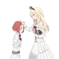Rule 34 | 10s, 2girls, aged down, ark royal (kancolle), bad id, bad pixiv id, blonde hair, blue eyes, braid, cnm, crown, dress, french braid, hand on another&#039;s head, headpat, height difference, jewelry, kantai collection, long hair, long sleeves, mini crown, multiple girls, necklace, off-shoulder dress, off shoulder, red hair, short hair, simple background, smile, warspite (kancolle), white background, white dress