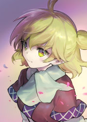 Rule 34 | 1girl, :t, ahoge, ainy, bad id, bad pixiv id, blonde hair, capelet, closed mouth, eyelashes, from above, gradient background, green eyes, hair between eyes, half updo, looking at viewer, mizuhashi parsee, motion blur, petals, pointy ears, pout, short hair, solo, touhou, upper body