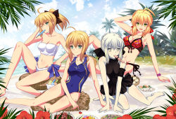 Rule 34 | 10s, 4girls, ahoge, arm garter, artoria pendragon (all), artoria pendragon (fate), bandeau, bare shoulders, barefoot, beach, bikini, black one-piece swimsuit, blonde hair, blue one-piece swimsuit, blush, bow, breasts, capcom, casual one-piece swimsuit, cleavage, competition swimsuit, covered navel, day, fate/extra, fate/hollow ataraxia, fate/stay night, fate/unlimited codes, fate (series), flower, food, fork, fruit, green eyes, hair bow, hibiscus, medium breasts, mouth hold, multiple girls, multiple persona, nero claudius (fate), nero claudius (fate) (all), nero claudius (fate/extra), one-piece swimsuit, pale skin, plate, ponytail, popsicle, red bikini, riyun (halodark), saber (fate), saber (summer battle clothes) (fate), saber alter, saber lily, short hair, sitting, smile, swimsuit, thighhighs, white hair, white one-piece swimsuit, yellow eyes