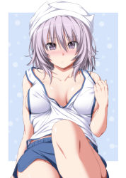 Rule 34 | 1girl, bare arms, bare shoulders, blue background, blue shorts, blush, border, breasts, breasts apart, collarbone, dolphin shorts, hair between eyes, hand up, hat, highres, knee up, letty whiterock, light purple hair, long hair, looking at viewer, medium breasts, micro shorts, no bra, nori tamago, nose blush, purple eyes, shirt, shorts, solo, sweat, tank top, touhou, white border, white hat, white shirt