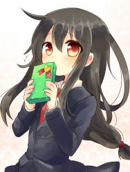 Rule 34 | 10s, 1girl, beige background, black hair, blazer, blush, box, collared shirt, covering own mouth, flying sweatdrops, gift, gift box, hair ornament, hatsushimo (kancolle), heart, jacket, kantai collection, long hair, long sleeves, looking at viewer, nagasioo, necktie, red eyes, red necktie, shirt, simple background, solo, tareme, upper body, valentine