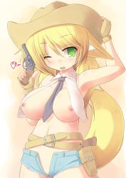Rule 34 | 1girl, animal ears, belt, blonde hair, blush, breasts, cleft of venus, clitoris slip, cowboy hat, female focus, green eyes, gun, hat, holster, kourourin, long hair, looking at viewer, necktie, nipples, one eye closed, open clothes, open mouth, open shirt, original, pussy, pussy peek, shirt, smile, solo, standing, tail, weapon, wink