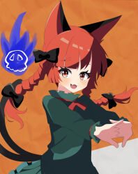 Rule 34 | 1girl, :3, :d, aika4472, animal ears, arms up, black bow, blunt bangs, bow, braid, cat ears, cat tail, commentary, fang, flat chest, hair bow, hair ribbon, highres, hitodama, interlocked fingers, kaenbyou rin, light blush, long hair, looking at viewer, multiple tails, nekomata, open mouth, orange background, pink eyes, red hair, ribbon, simple background, skin fang, smile, solo, stretching, tail, touhou, tress ribbon, twin braids, two tails, upper body