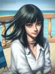 Rule 34 | 1girl, bad id, bad pixiv id, black hair, blouse, collared shirt, day, gohpot, green eyes, highres, light smile, lips, looking at viewer, nico robin, ocean, one piece, outdoors, realistic, shirt, signature, smile, solo, upper body, watermark, web address, white shirt, wind