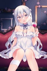 Rule 34 | 1girl, :d, alcohol, bare shoulders, breasts, cleavage, clothes between thighs, commentary request, couch, cup, double bun, dress, drinking glass, feet out of frame, flower, grey hair, hair between eyes, hair bun, hair ornament, hairclip, highres, holding, holding cup, knees together feet apart, long hair, looking at viewer, medium breasts, off-shoulder dress, off shoulder, on couch, open mouth, original, picture frame, rose, shiino sera, sitting, smile, solo, very long hair, white dress, wine, wine glass