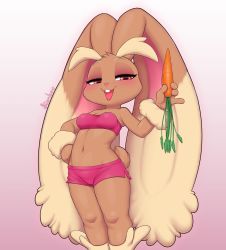Rule 34 | 1girl, :3, animal nose, artist name, bandeau, bare shoulders, body fur, breasts, brown fur, buck teeth, carrot, clothed pokemon, creatures (company), eyeshadow, female focus, food, furry, furry female, game freak, gen 4 pokemon, gradient background, half-closed eyes, hand on own hip, hand up, happy, highres, holding, holding food, holding vegetable, kionant, legs, legs together, looking at viewer, lopunny, makeup, midriff, navel, nintendo, open mouth, orange eyes, pink background, pink bandeau, pink eyeshadow, pink shorts, pokemon, pokemon (creature), rabbit ears, rabbit girl, rabbit tail, short shorts, shorts, side slit, signature, simple background, small breasts, smile, solo, standing, stomach, teeth, two-tone fur, vegetable, yellow fur