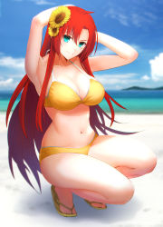 Rule 34 | 1girl, aqua eyes, armpits, arms behind head, arms up, bare shoulders, beach, bikini, blush, boudica (fate), boudica (third ascension) (fate), breasts, cleavage, closed mouth, collarbone, day, fate/grand order, fate (series), flower, hair between eyes, hair flower, hair ornament, highres, large breasts, long hair, looking at viewer, minami koyogi, navel, red hair, sandals, smile, solo, squatting, sunflower, sunflower hair ornament, swimsuit, thighs, yellow bikini
