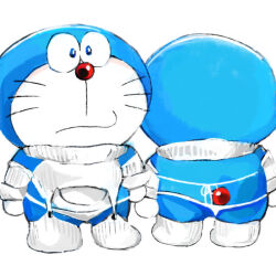 1boy ass doraemon doraemon_(character) looking_at_viewer meme_attire mochizuki_tagosaku no_humans red_nose sweater thong virgin_destroyer_sweater whiskers