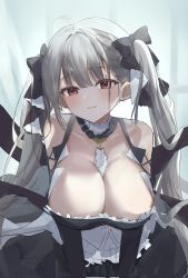 Rule 34 | 1girl, ahoge, apron, azur lane, bad id, bad twitter id, bare shoulders, between breasts, black bow, black dress, blush, bow, breasts, chabi, cleavage, closed mouth, dress, fang, fang out, formidable (azur lane), frilled dress, frills, gothic lolita, grey hair, hair bow, hair ribbon, highres, large breasts, lolita fashion, looking at viewer, low neckline, necktie, necktie between breasts, red eyes, ribbon, smile, solo, square neckline, twintails, two-tone dress, two-tone ribbon, upper body