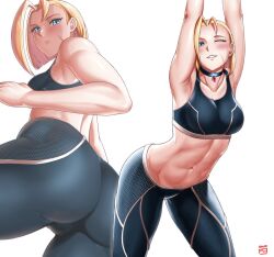 Rule 34 | 1girl, abs, arms up, ass, black choker, black pants, black sports bra, blonde hair, blue eyes, breasts, cameltoe, cammy stretch (meme), cammy white, choker, commentary, english commentary, facial scar, finalcake, medium breasts, medium hair, meme, multiple views, navel, one eye closed, pants, scar, scar on cheek, scar on face, signature, sports bra, street fighter, street fighter 6, stretching, tight clothes, tight pants, toned, yoga pants