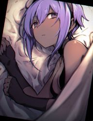 Rule 34 | 1girl, bed sheet, black gloves, blanket, breasts, cleavage, closed mouth, curtains, dark-skinned female, dark skin, dutch angle, fate/prototype, fate/prototype: fragments of blue and silver, fate (series), fingerless gloves, gloves, hair between eyes, hairband, hassan of serenity (fate), looking at viewer, lying, medium breasts, mephisto (angraecum), on side, purple eyes, purple hair, short hair with long locks, solo, turtleneck