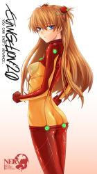Rule 34 | 00s, 1girl, ass, bad id, bad pixiv id, blue eyes, blush, bodysuit, bracer, breasts, brown hair, butt crack, copyright name, covered erect nipples, cowboy shot, english text, evangelion: 2.0 you can (not) advance, flat ass, from side, gloves, gradient background, hair between eyes, hair ornament, hairpods, highres, hip bones, interface headset, logo, long hair, looking at viewer, looking back, multicolored clothes, neon genesis evangelion, nerv, no panties, parted lips, pilot suit, plugsuit, prime, rebuild of evangelion, see-through, shiny clothes, skin tight, small breasts, solo, souryuu asuka langley, test plugsuit, turtleneck, two side up