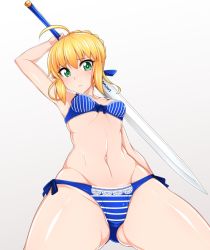 Rule 34 | 1girl, ahoge, artoria pendragon (all), artoria pendragon (fate), ass, blonde hair, blue panties, blush, bra, breasts, coco ankou, excalibur (fate/stay night), fate/grand order, fate (series), from below, green eyes, looking at viewer, medium breasts, official alternate costume, panties, ribbon, saber (fate), short hair, solo, thighs, underwear, weapon, white background